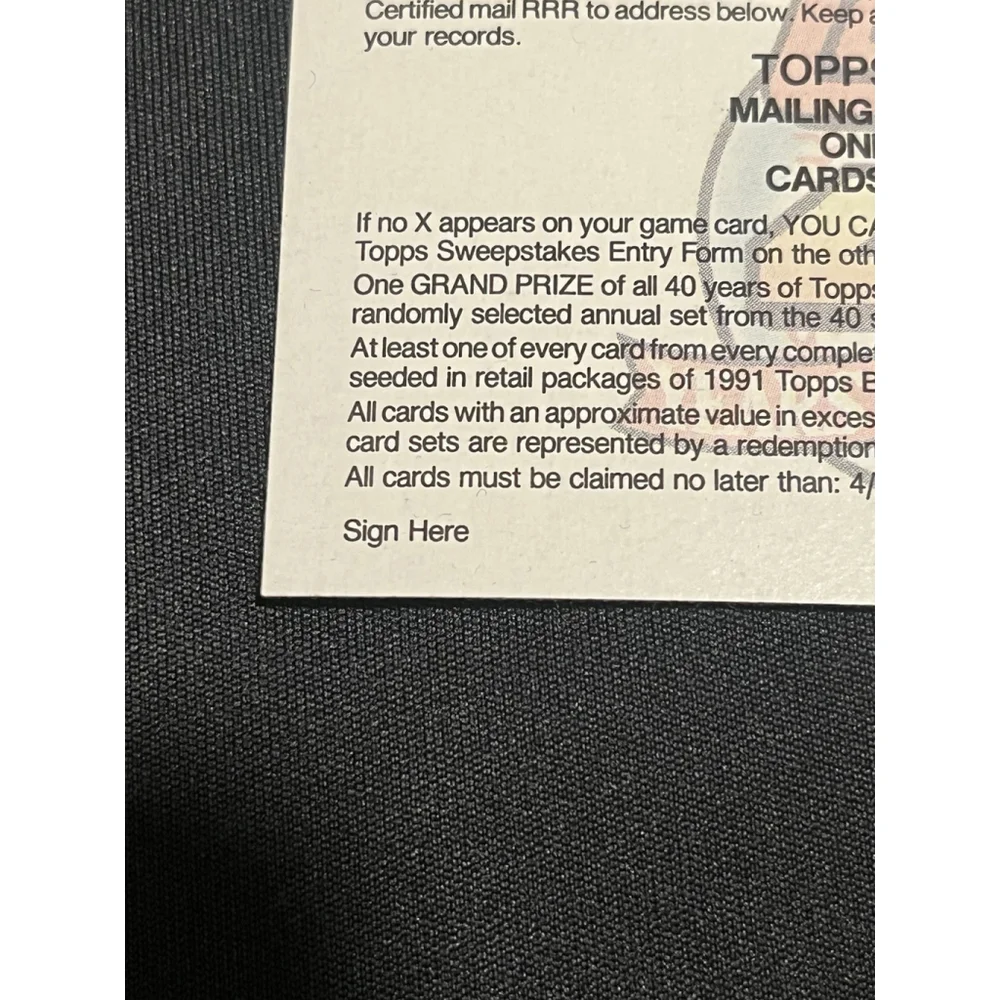 1991 Topps Instant Win Game Baseball Card Contest